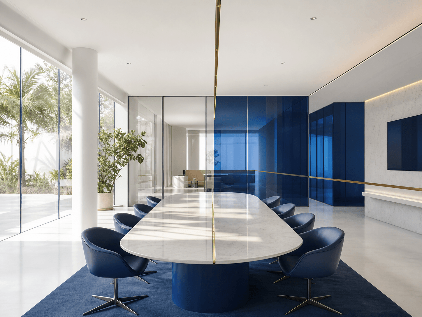 Refined global business meeting space with cobalt glass and a brass connection line