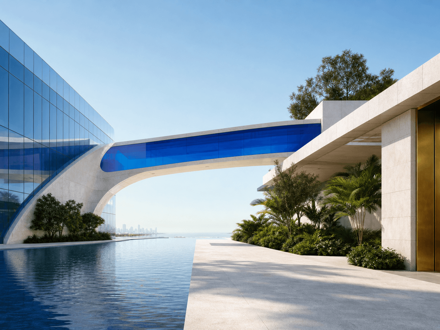 Cobalt glass architectural bridge connecting two refined environments
