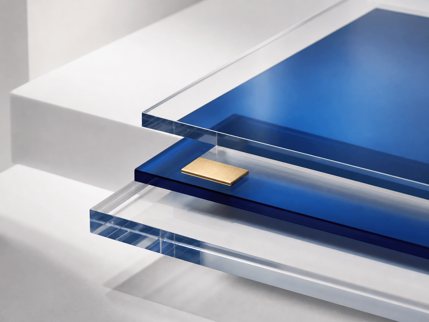 Layered clear and cobalt glass with a restrained brass datum