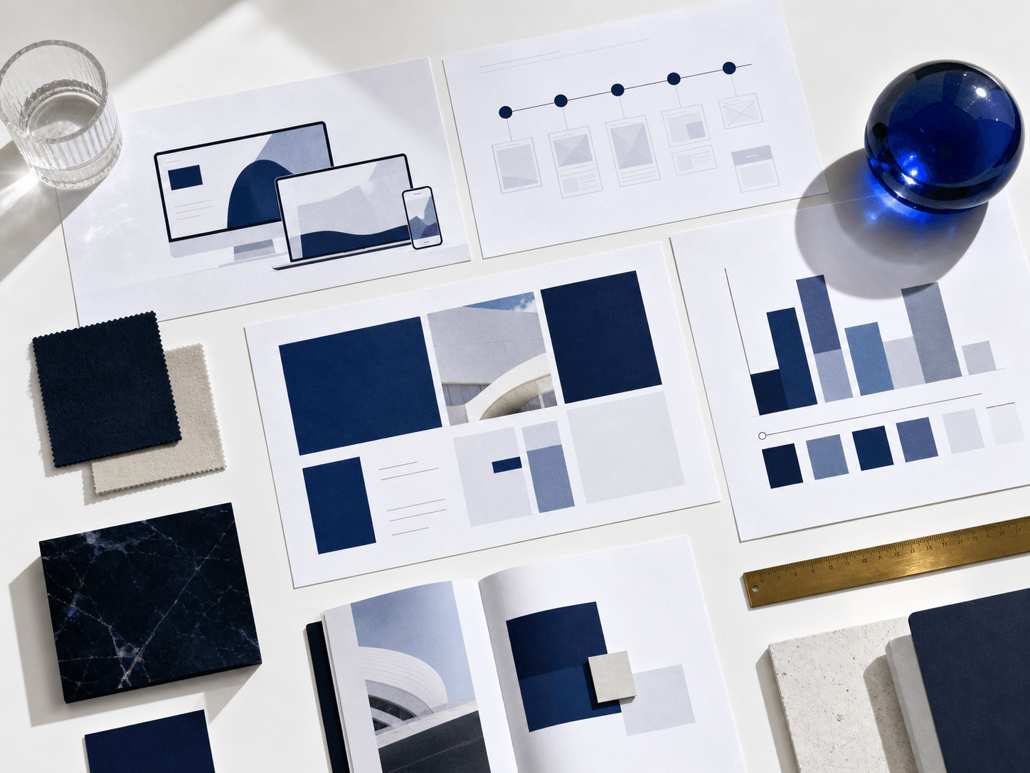 Website case-study materials, responsive layouts and abstract evidence charts