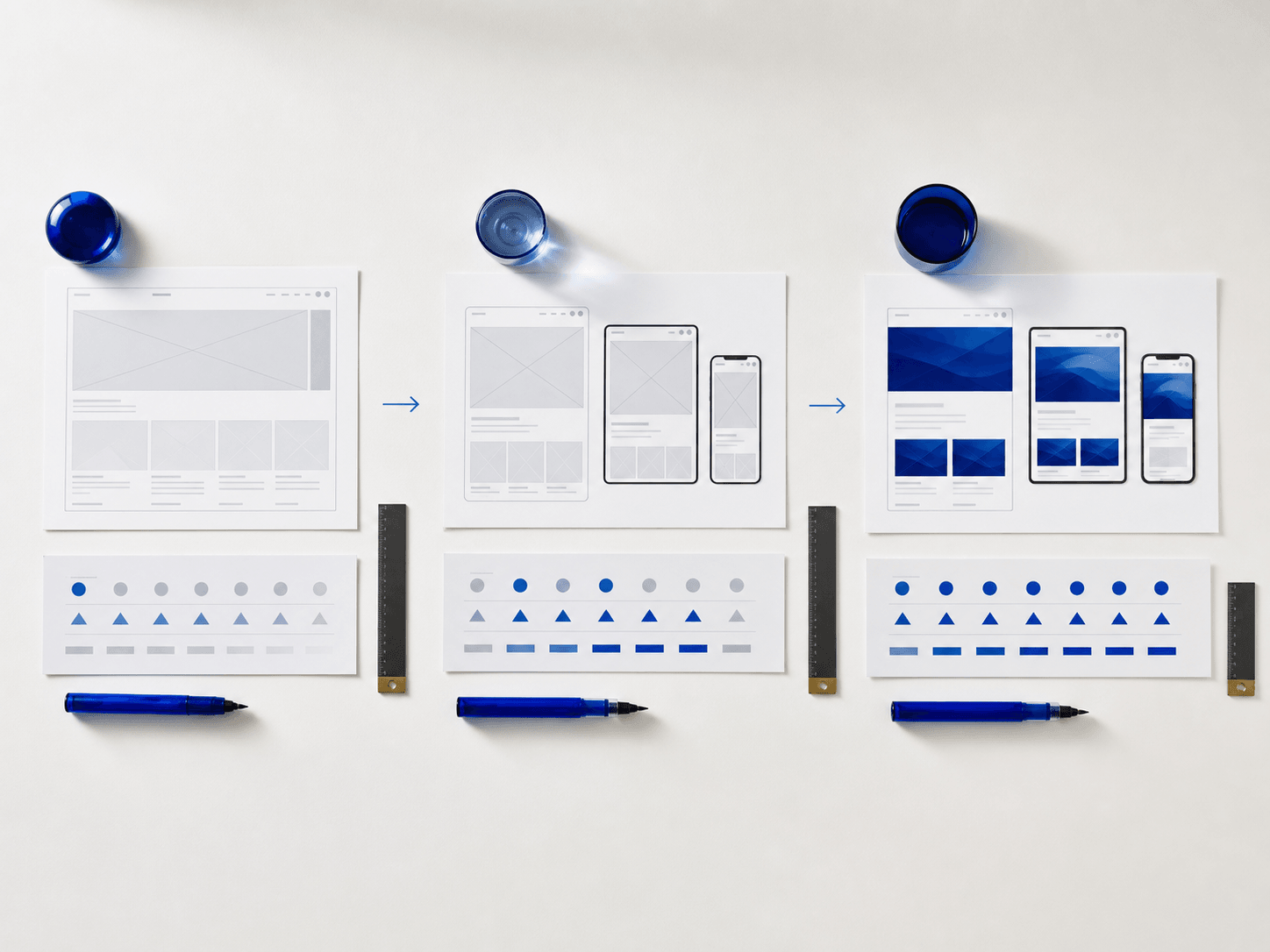 Three-stage website review progression arranged on a white studio table