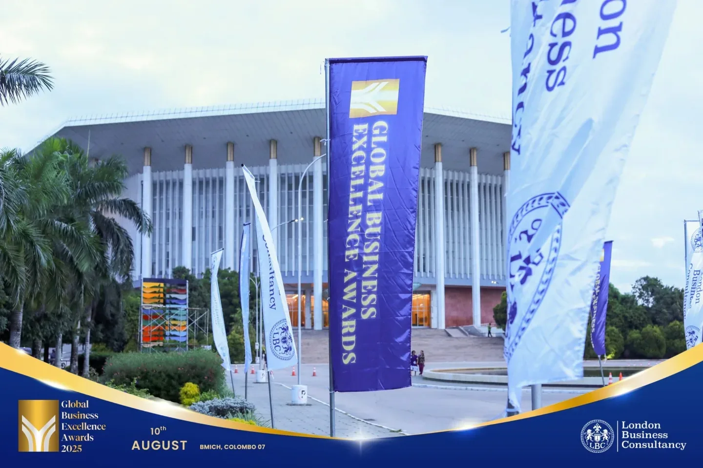 Global Business Excellence Awards banners outside the ceremony venue