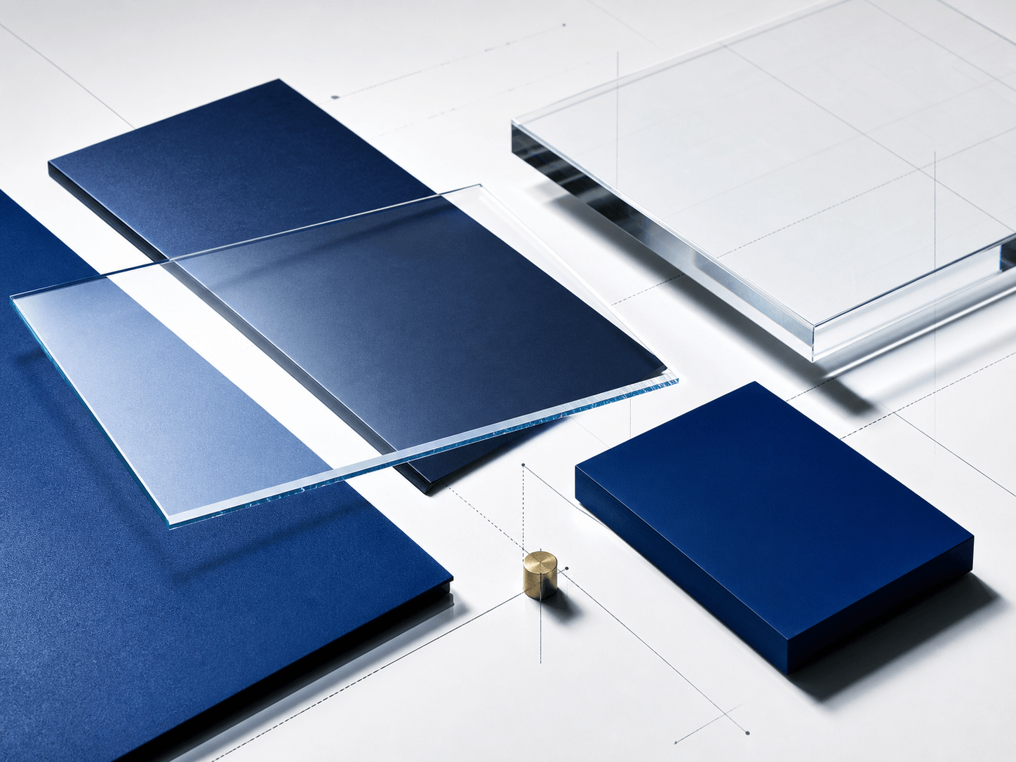 Clear and cobalt glass planes aligned on a precise technical grid