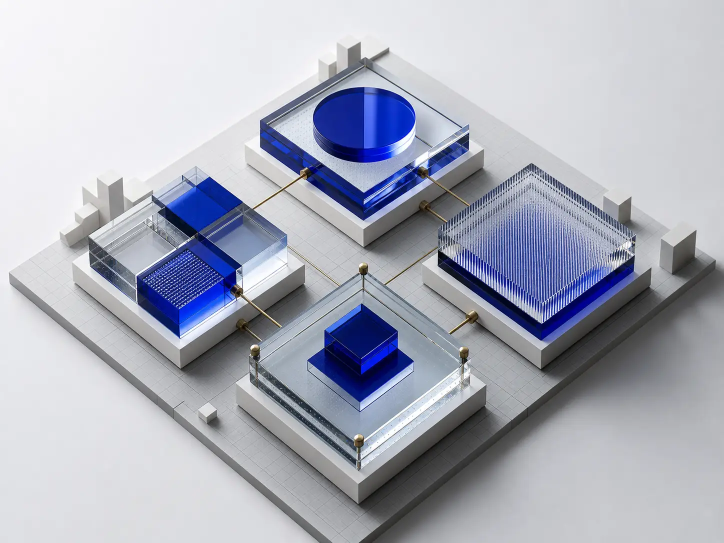 Four connected cobalt and clear glass modules on a precision grid