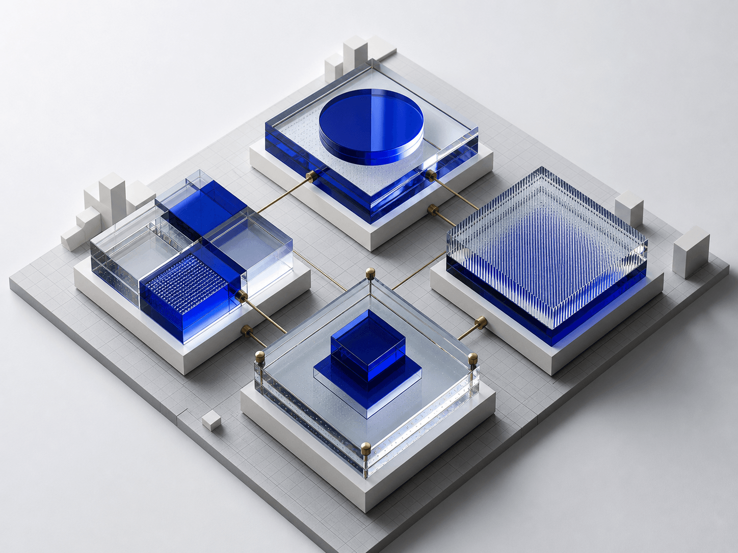 Four connected cobalt and clear glass modules on a precision grid