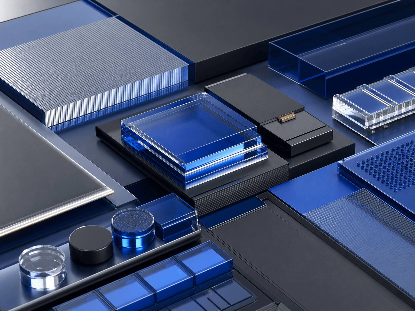 Modular blue glass and graphite forms arranged as a connected system