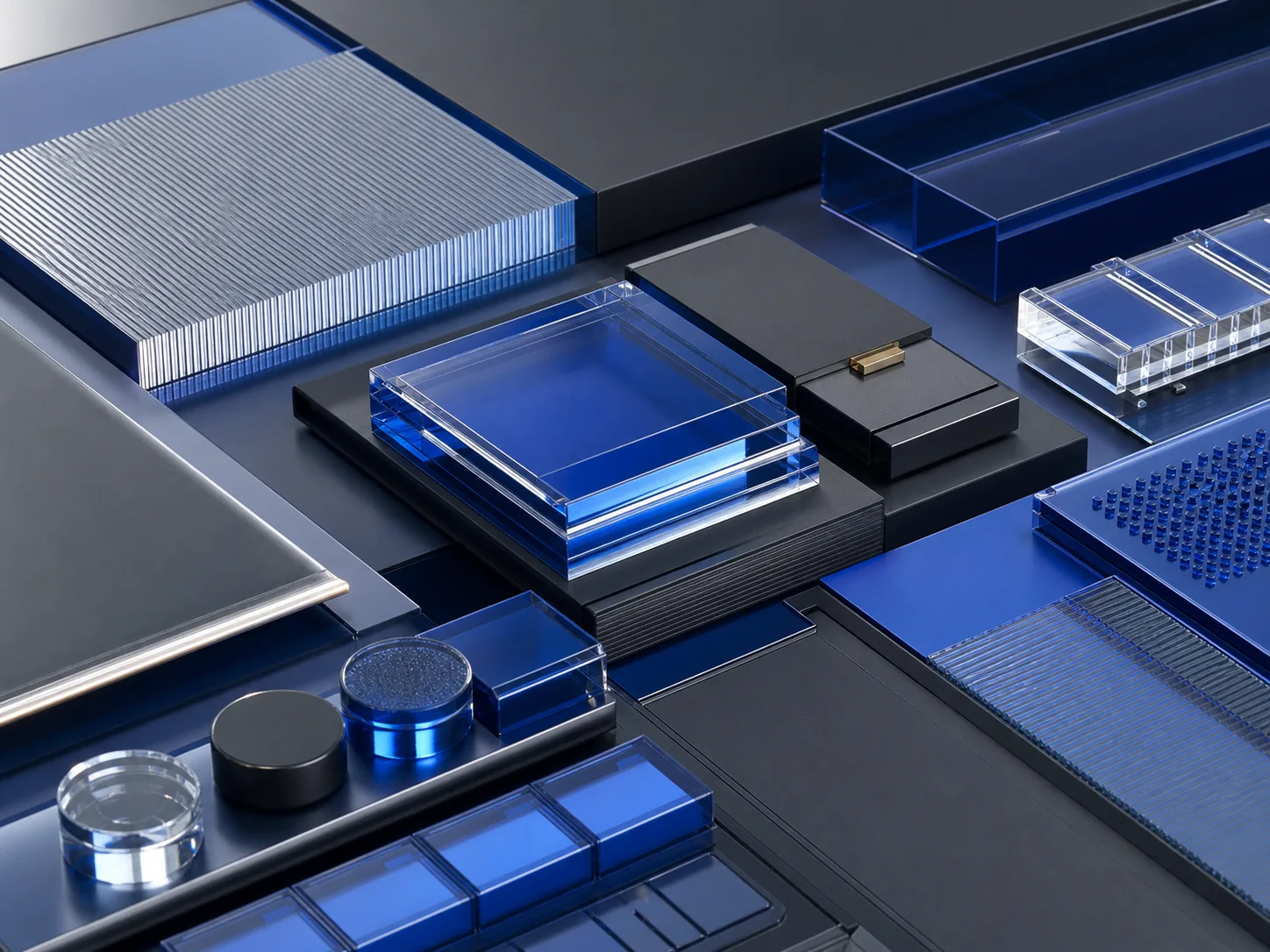 Modular blue glass and graphite forms arranged as a connected system