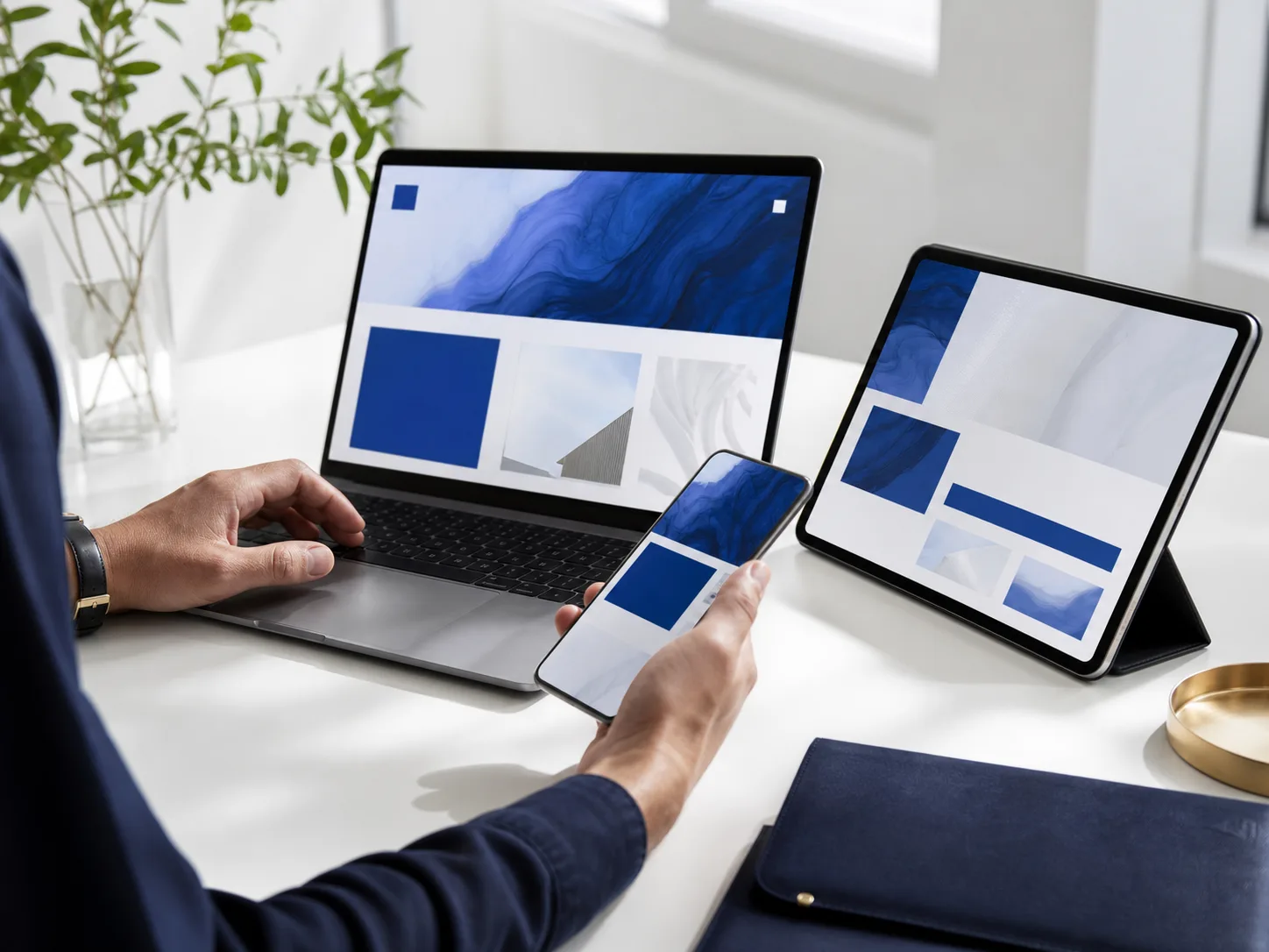 A responsive website being used across laptop, tablet and phone