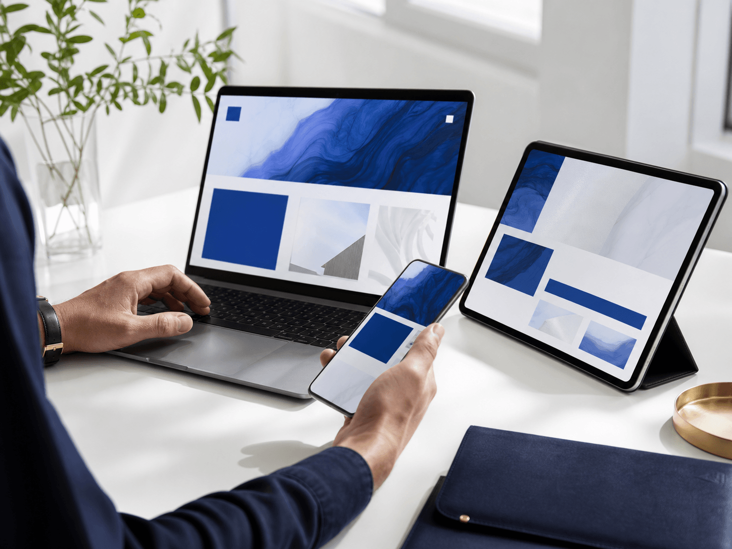 A responsive website being used across laptop, tablet and phone