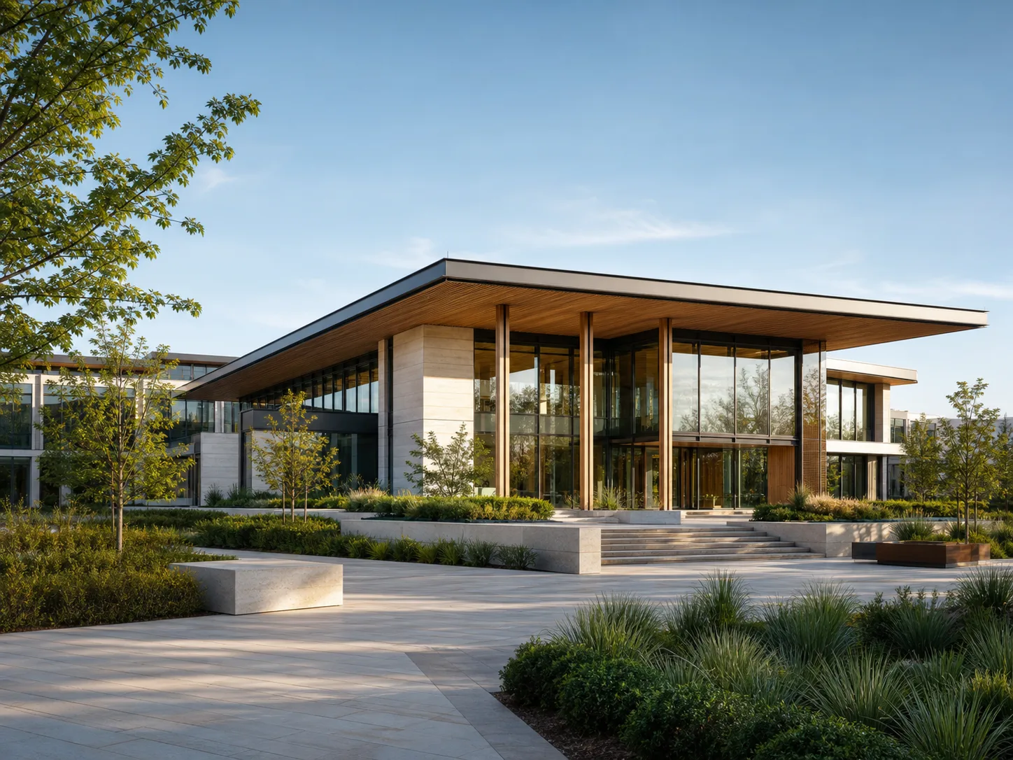 Contemporary glass and timber headquarters in a landscaped setting